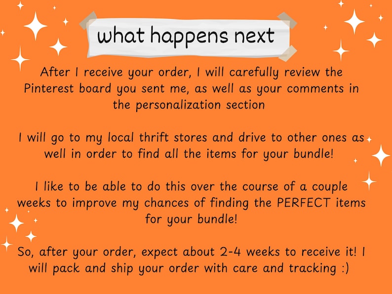 May include: An orange background with white starbursts and text that reads "what happens next." The text explains the process after an order is placed, including reviewing the Pinterest board, shopping at thrift stores, and the estimated delivery time of 2-4 weeks.