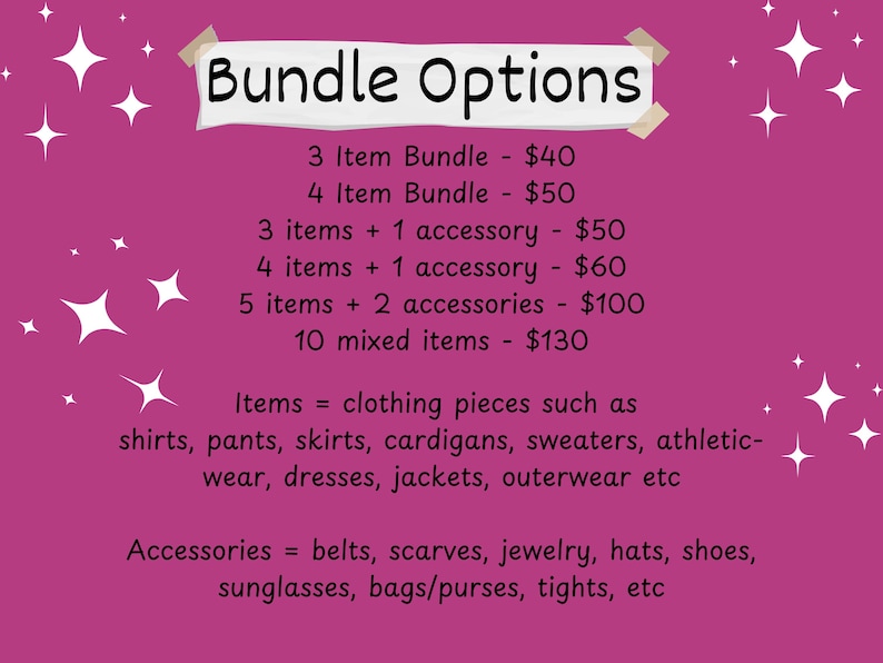 May include: A pink background with white starburst graphics and text that reads "Bundle Options." The text details bundle options including the number of items and accessories. The image also lists the types of items and accessories included in the bundles.
