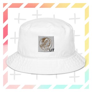 May include: White bucket hat with a brown embroidered image of a person's face and the word "LIT" below it.