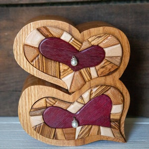Wood Jewelry Box, Handmade Bandsaw Box with Intarsia Hearts and Bling pulls. Perfect Gift for Her!
