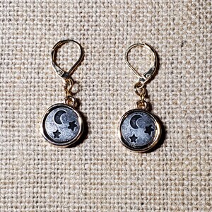 Small Mixed Metal Dangle Earring with Moon and Stars