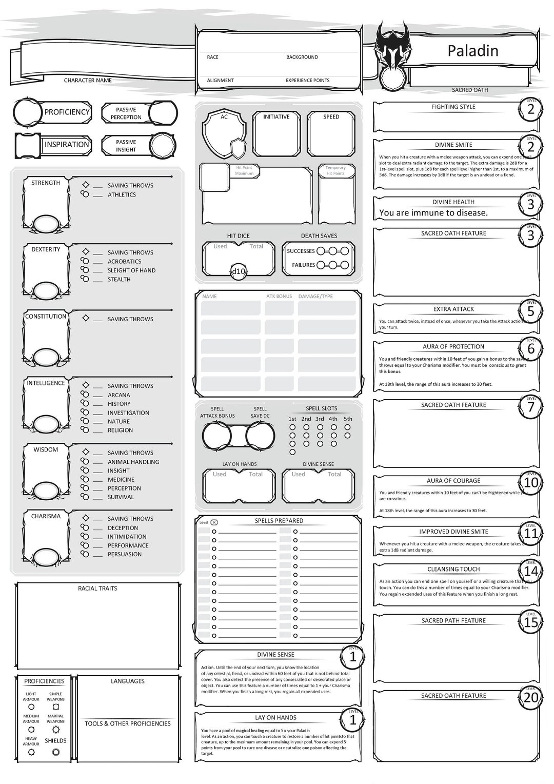 Paladin Character Sheet D&D 5e PDF Fillable and Printable Etsy Canada