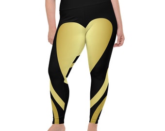 PLUS TAGLIA Leggings Plus Size a forma di cuore oro e nero con tessuto morbido e burroso, elasticità in 4 direzioni, UPF 50, cintura rialzata, vestibilità lusinghiera