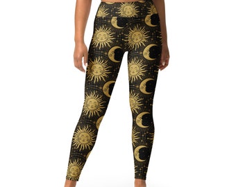 Leggings da yoga Night & Day con motivo Sole e Luna Crescente, con cintura rialzata, elasticità in 4 direzioni, piccola tasca per le chiavi, morbidi come il burro, cuciti a mano.