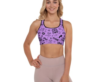 Reggiseno sportivo motivazionale con stampa leopardata Girl Power Shadow viola, con design originale unico nel suo genere, scollo rotondo che assorbe l'umidità