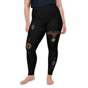 Boho Style All Over Print Black With Gold Detailing Moisture Wicking Plus Size Leggings With Comfortable Wide Elastic Waistband