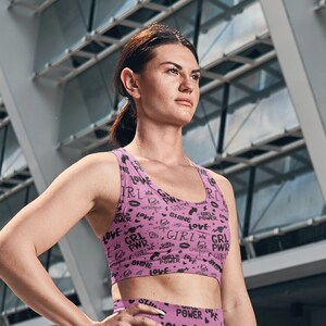 Pink Girl Power Graphic Print Motivational Moisture Wicking Scoop Neckline Racerback Sports Bra with Original One-Of-A-Kind Design