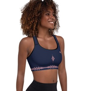 Unique Artistic Boho Blue With Pink Detail Brand Label Moisture Wicking Racerback Sports Bra