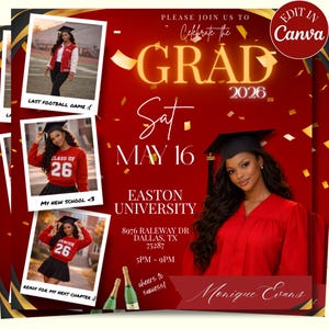 May include: A graduation announcement with a red and gold theme. The announcement includes a photo of a graduate in a cap and gown, along with the text "GRAD 2026" and event details. Additional photos are included.