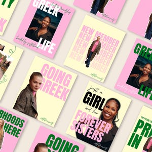 Könnte beinhalten: Eine Sammlung digitaler Social-Media-Grafiken mit verschiedenen Personen in rosa Oberteilen und Mänteln, mit fetten Textüberlagerungen wie Greek Life, Going Greek, Sisterhoods Start Here und Pretty In Pink auf verschiedenen Hintergründen.