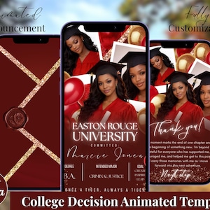 May include: A college decision animated template displayed on three smartphones. The center phone shows a graduate in a red gown, with text indicating university, name, degree, and major. The other phones display similar designs with the phrases "Animated Announcement" and "Fully Customizable."