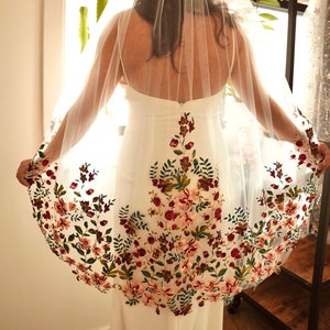 Maeve - Jewel tone flower veil, Embroidered flower veil, Floral wedding veil, Bridal veil with flowers, Unique wedding veil Love Mai Designs