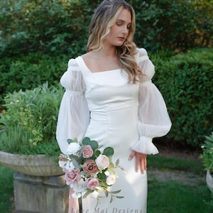 Elegant Ivory Satin Wedding Dress: Square Neck, Long Sleeves, Backless
