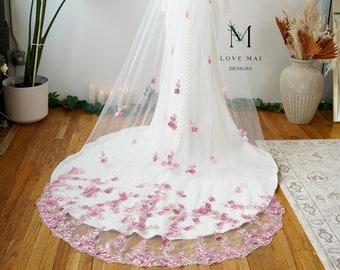 Pink Floral Embroidery Bridal Veil - Ivory Tulle Wedding Veil