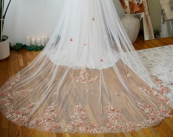 Coral - Floral embroidery bridal veil,  unique colorful veil, floral veil, Love Mai Designs