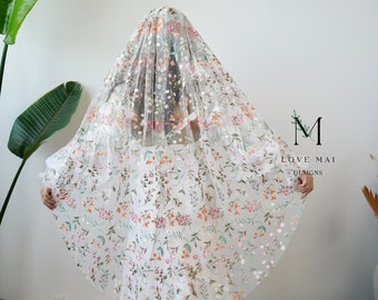Cottagecore Floral Embroidery Bridal Veil - Wildflower Lace Veil