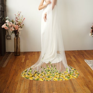 Sunflower  - Sunflower veil, floral embroidery bridal veil, Yellow wedding, unique colorful veil, floral veil, Love Mai Designs