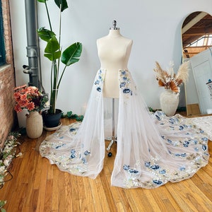 France WildFlower Detachable Skirt -Bridal Wedding Overskirt,Flower Applique Train Trailing Detachable Skirt,removable detachable overskirt