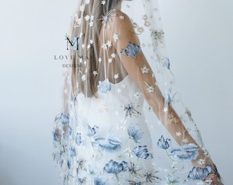 花刺繍ブライダルベール：ブルーフラワーウェディングベール