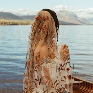 Sienna -  Autumn inspired veil, Fall wedding veil , Vintage floral leaf embroidered veil, Love Mai Designs