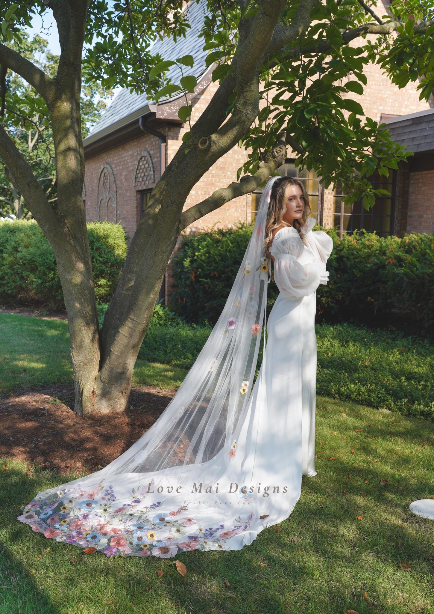 カラフルな花柄刺繍のウェディングベール、フラワーレースアップリケ