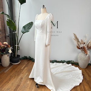 Diana - Beautiful wedding dress Traditional wedding dress,Elegant Crepe Bridal Gown, Mermaid Wedding Dress Square Neck Long Sleeves Backless