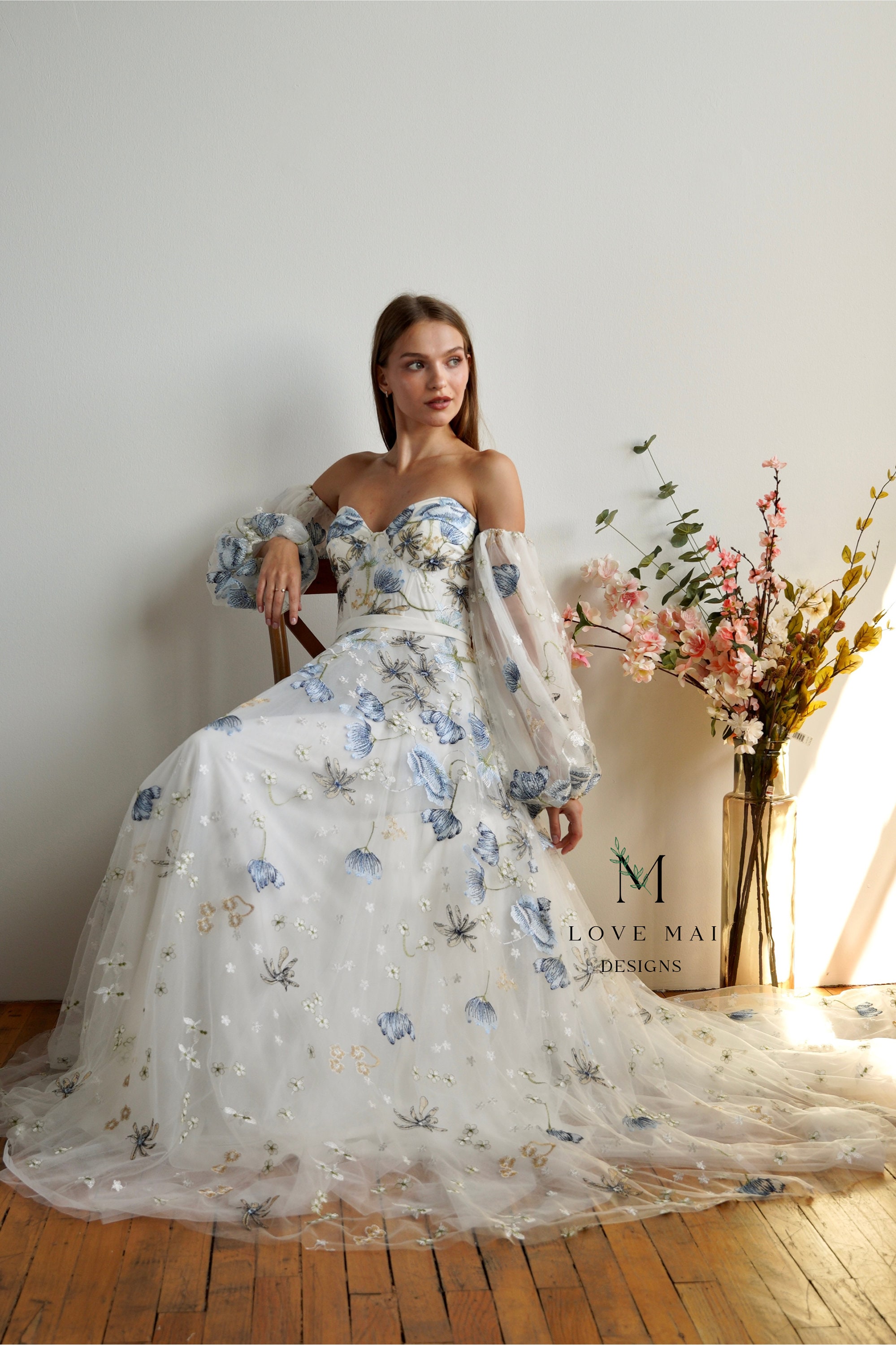 Wildflower Embroidered Wedding Dress: Off-Shoulder Floral Tulle Gown