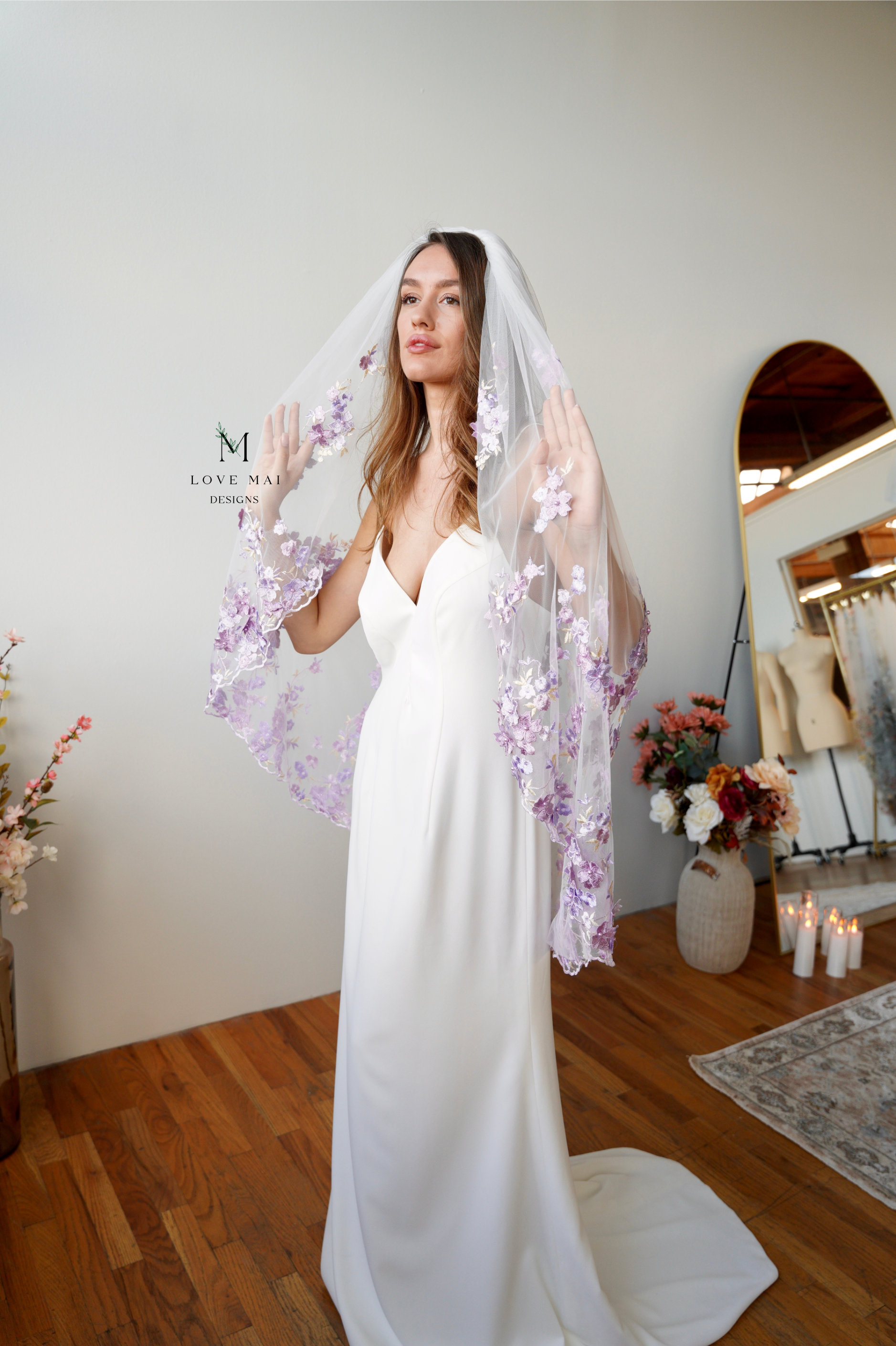 Lavender Floral Embroidery Bridal Veil - Unique Colorful 