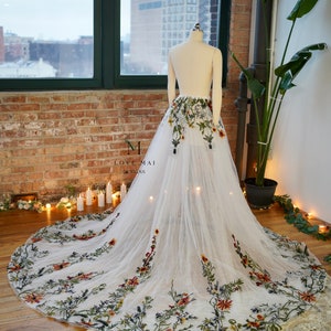 Wild Flower Detachable Skirt -Bridal Wedding Overskirt,Flower Applique Train Trailing Detachable Skirt,removable detachable over skirt