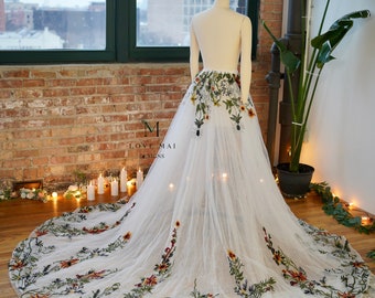 Wild Flower Detachable Skirt -Bridal Wedding Overskirt,Flower Applique Train Trailing Detachable Skirt,removable detachable over skirt