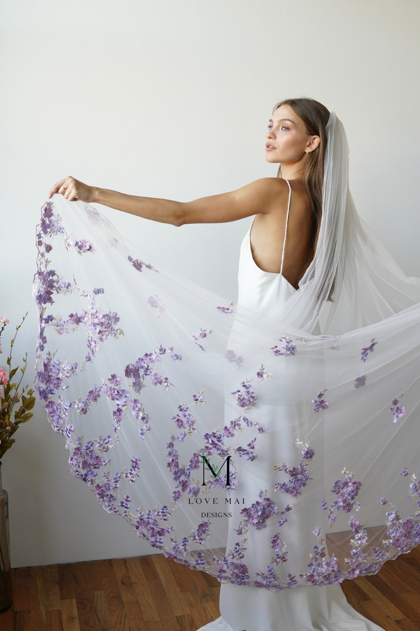 Lavender Floral Embroidery Bridal Veil - Unique Colorful Wedding