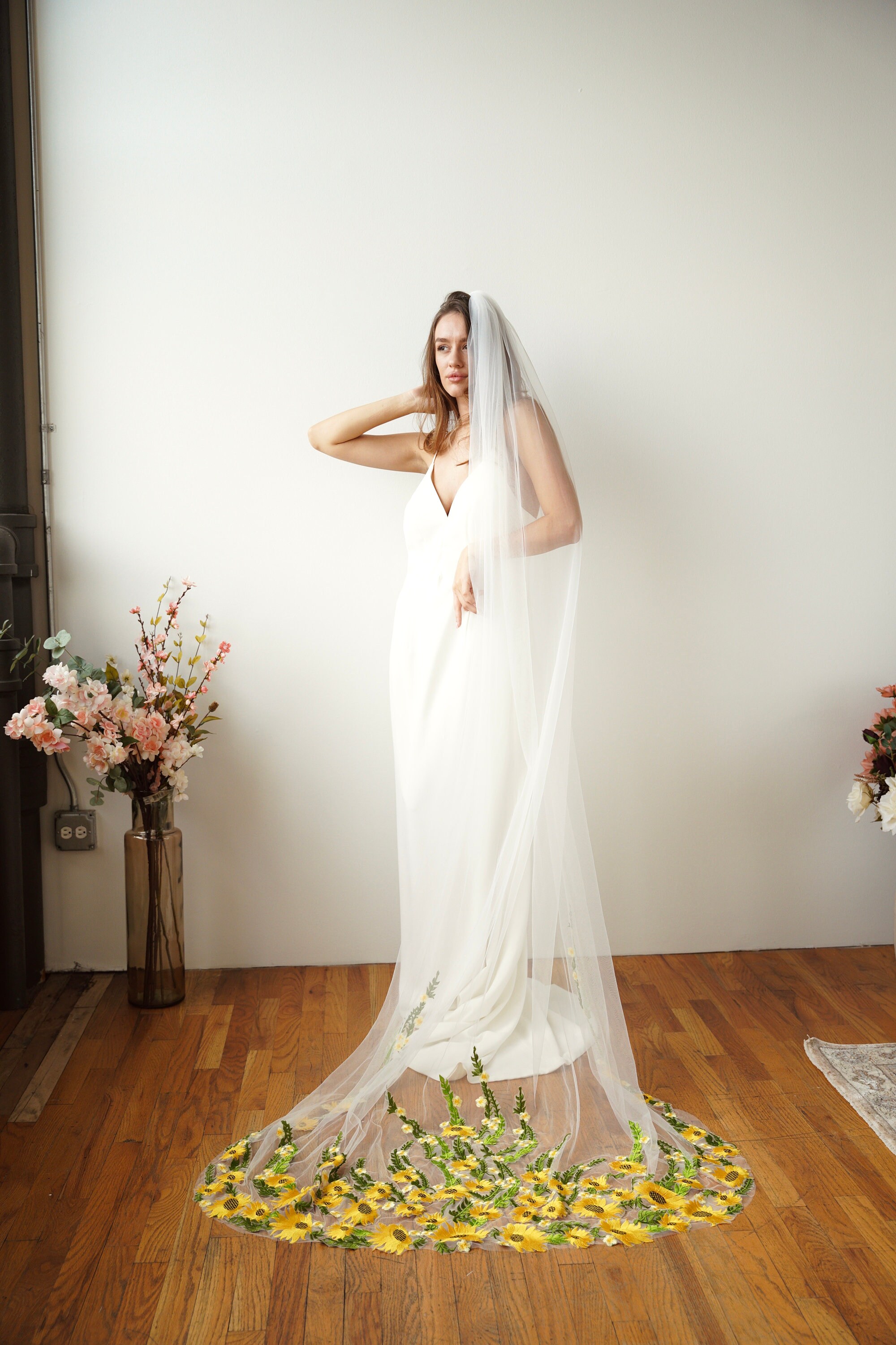 Sunflower Embroidered Bridal Veil - Yellow Wedding Veil, Ivory