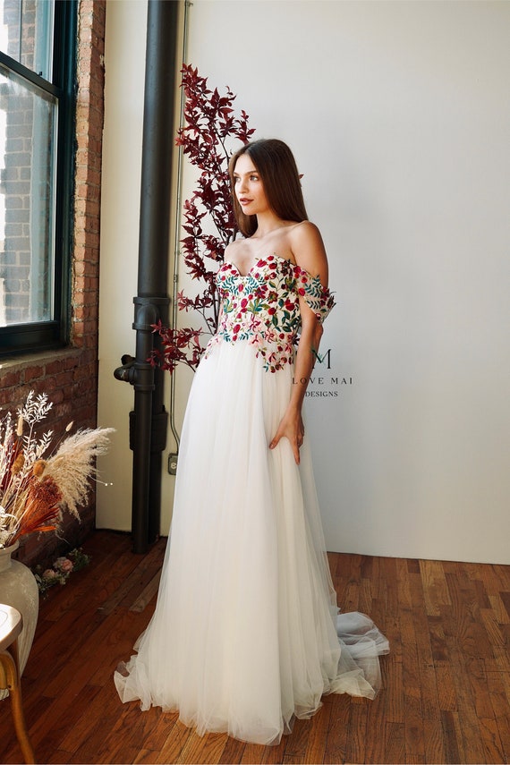 Embroidered Flower Wedding Dress: Jewel Tone Floral Bridal Gown