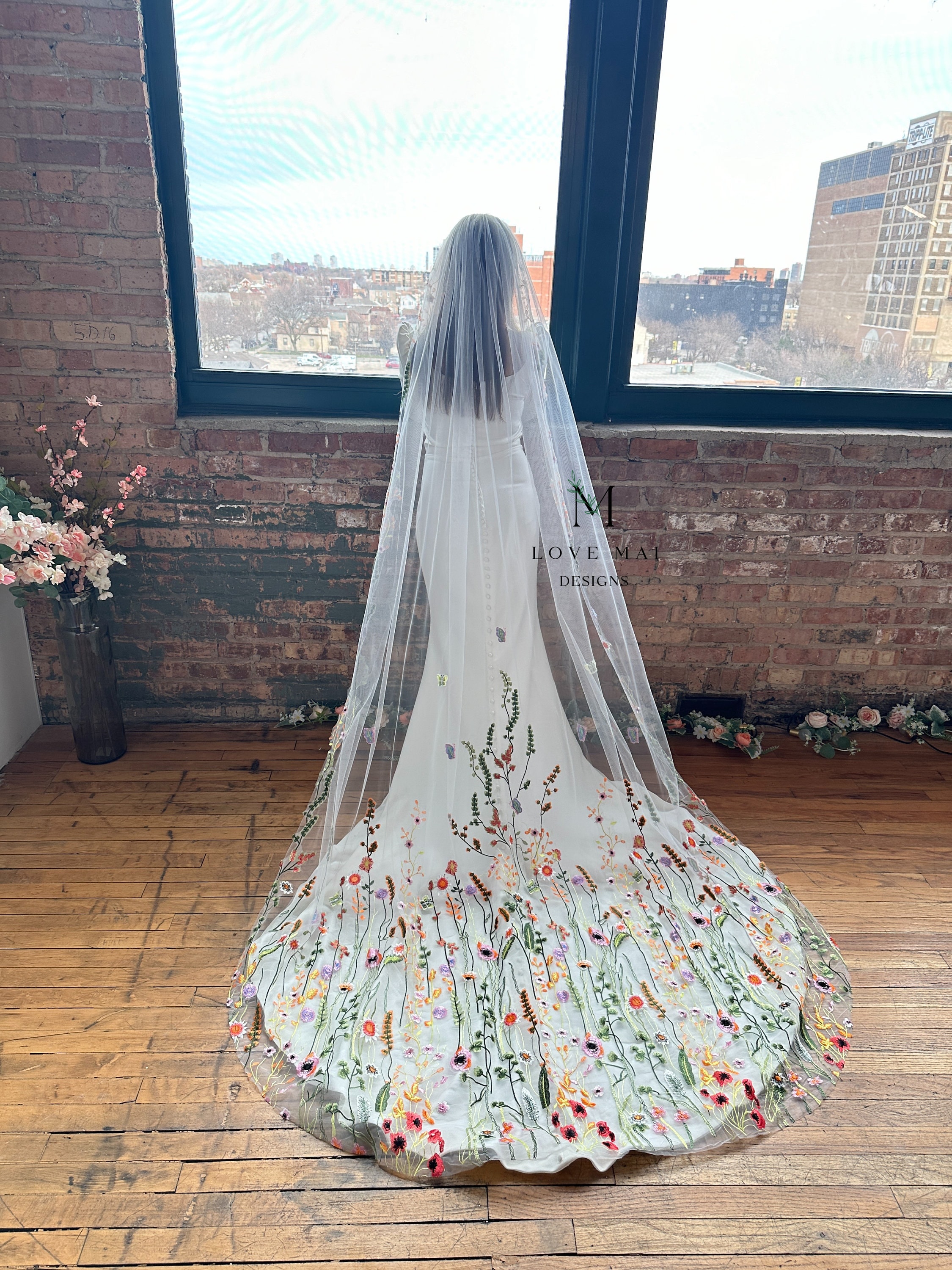 Flora- Orang and Colorful Flower Lace Applique Veil, Autumn