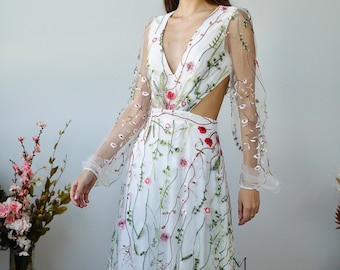 Elisa - Colorful floral embroidery bridal grown, green wedding, inspo, unique colorful wedding dress , floral dress