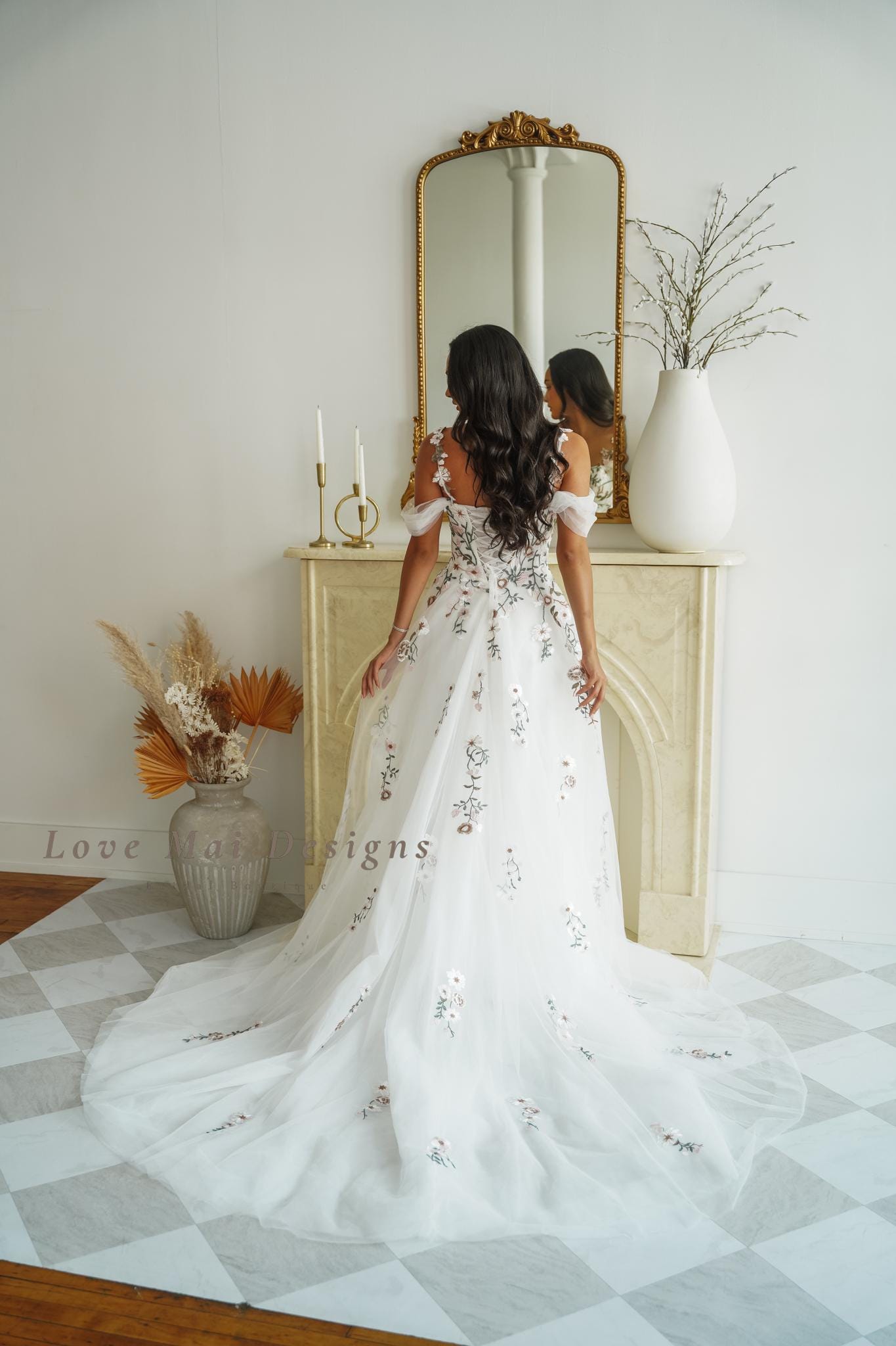 Green Vine Embroidery Wedding Dress - Floral Bridal Gown