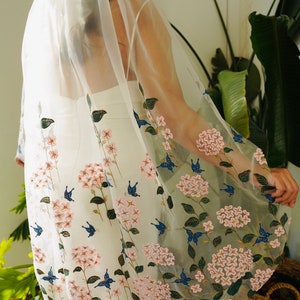 Vanessa - Pink floral embroidery bridal veil, green wedding, inspo, unique colorful veil, floral veil, boho veil, Love Mai Designs