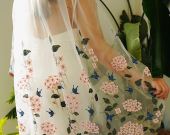 Pink Floral Embroidered Bridal Veil: Colorful Boho Wedding Veil