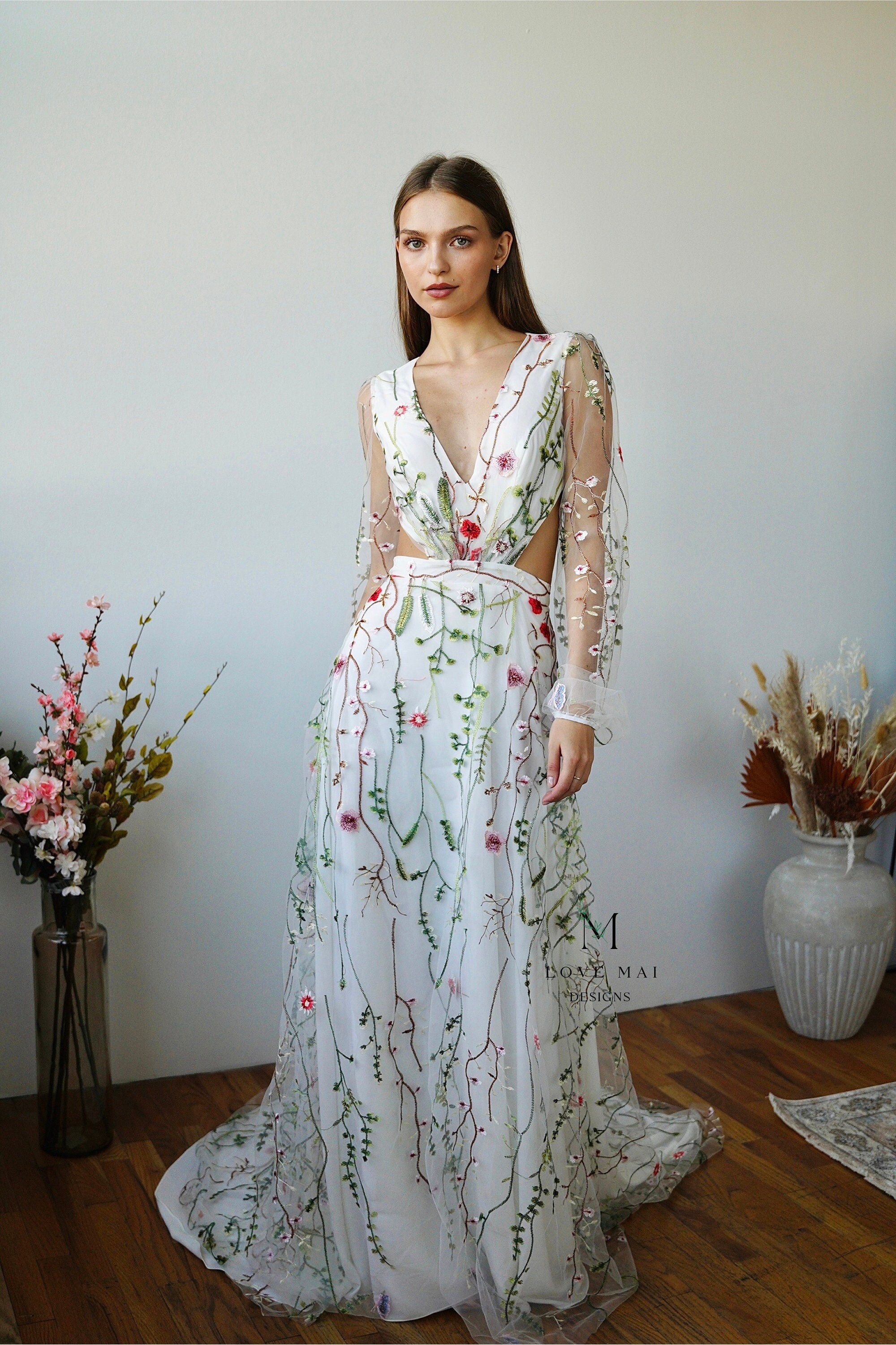 Floral Embroidery Wedding Gown: Colorful Green Bridal Dress - Etsy Floral Embroidery Wedding Gown: Colorful Green Bridal Dress - Etsy