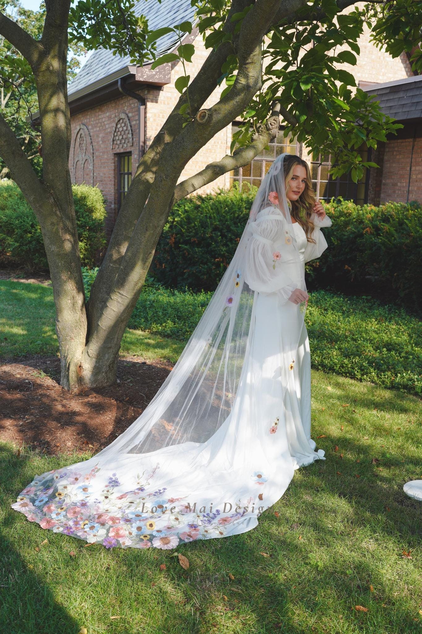 ウェディングベール ロング花柄刺繍 ワタベEFV-FLOWER ボタニカルな刺繍がナチュラルな ウェディングベール3m veil