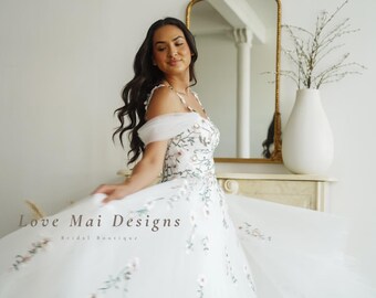 Green Vine Embroidery Wedding Dress - Floral Bridal Gown