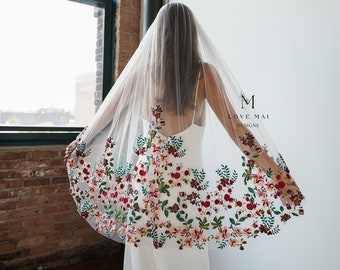 Maeve - Jewel tone flower veil, Embroidered flower veil, Floral wedding veil, Bridal veil with flowers, Unique wedding veil Love Mai Designs