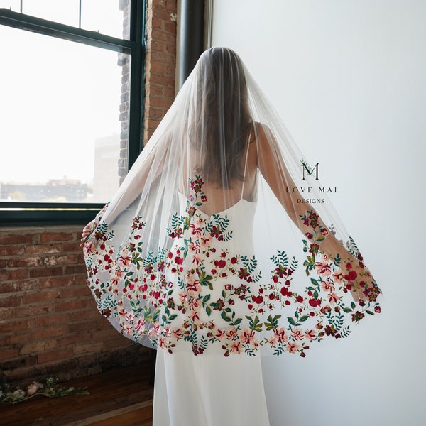 Maeve - Jewel tone flower veil, Embroidered flower veil, Floral wedding veil, Bridal veil with flowers, Unique wedding veil Love Mai Designs