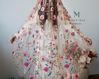 Floral Embroidery Wedding Veil: Pink Flower Lace, Colorful Bridal Veil