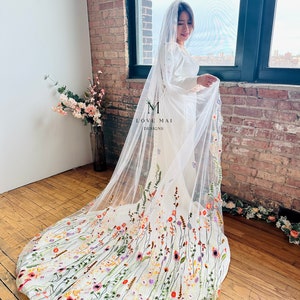 Flora- Orang and Colorful Flower Lace Applique Veil, Autumn wedding veil
