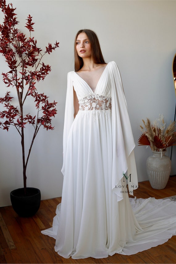 white christmas dresses Flower Lace Chiffon Spaghetti Straps Plunging Wedding Dress Light Ivory / Without Lace main image 0