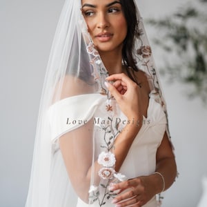 Green Vine Floral Embroidered Wedding Veil - Flower Wedding, Nature White Bridal