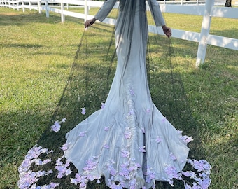 Lavender in black  - floral embroidery bridal veil, lavender wedding, unique colorful veil, floral veil, Love Mai Designs