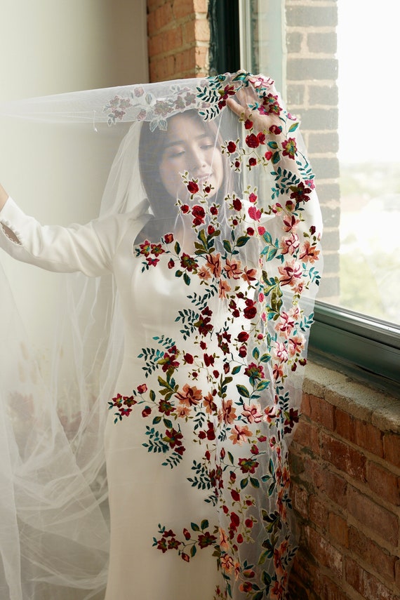 Embroidered Flower Wedding Veil: Jewel Tone Floral Bridal  display picture 1