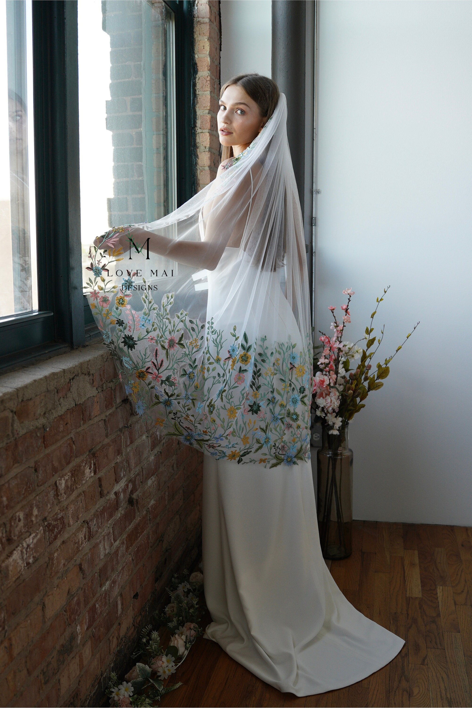 花刺繍ブライダルベール：カラフルな花のレースアップリケ、グリーン